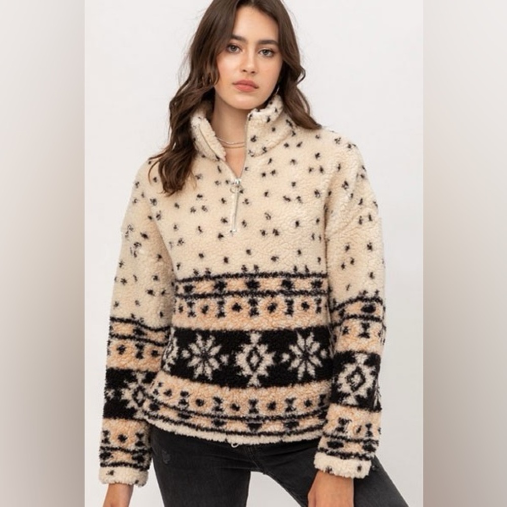 513 Love Tree Aztec Fair Isle Sherpa Fleece Pullover Half Zip Up Sweater